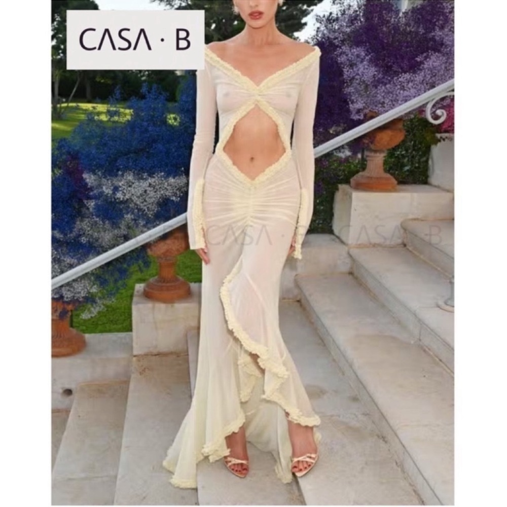 NEW💫to CASA B|“Glamour de Cannes” Mesh Cut-Out Frill Sheer Long Sleeve Lux Gown - Picture 6 of 17